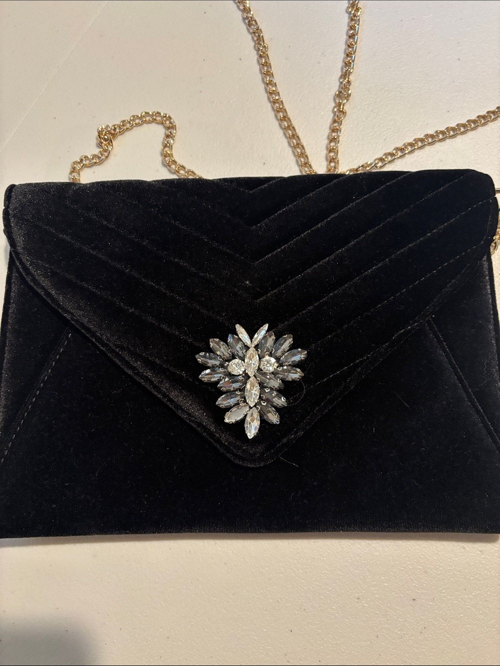 Black Velvet Evening Clutch with Gold Chain and Crystal Brooch - Picture 5 of 5